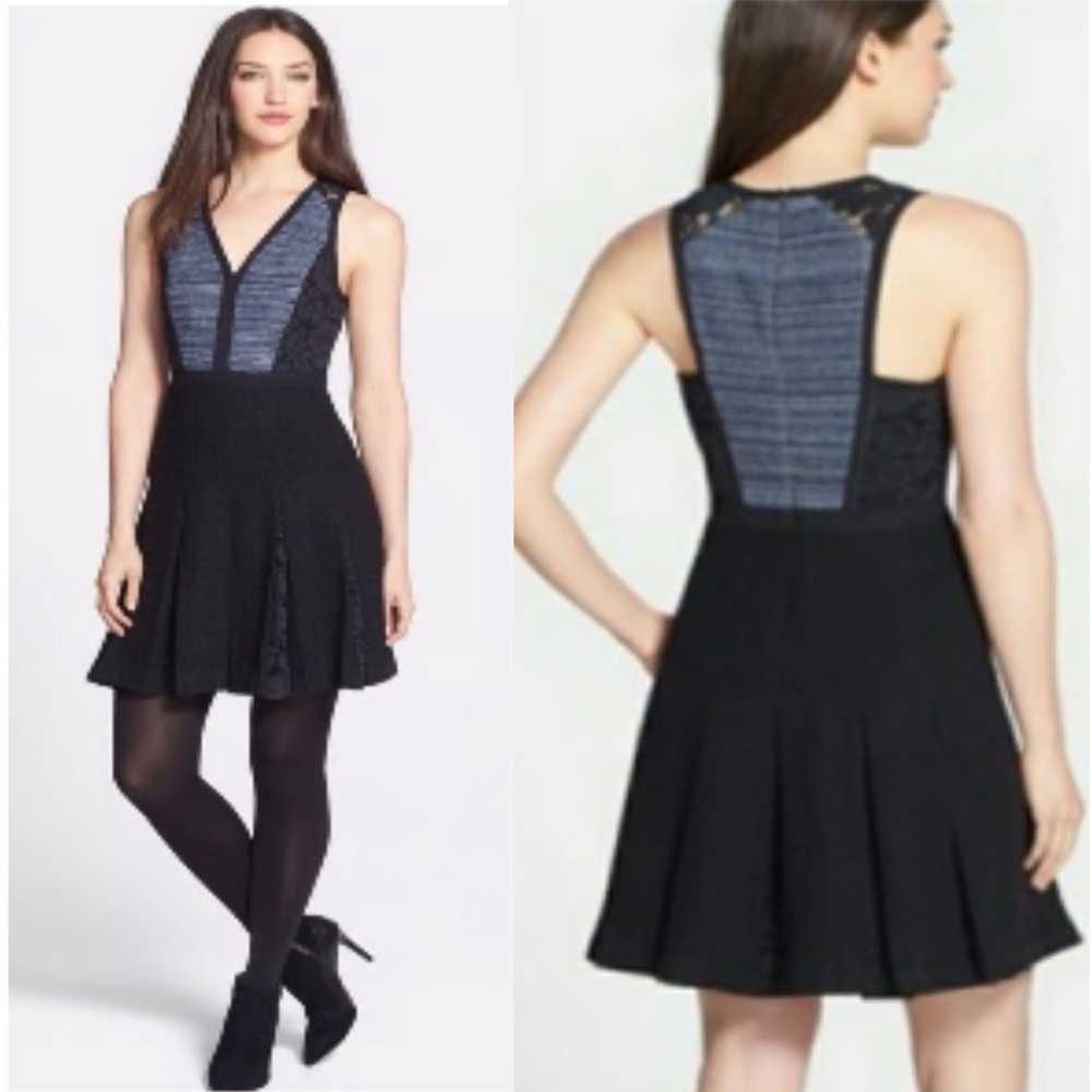 Rebecca Taylor Tweed & Lace Sleeveless Pleated Dress